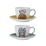 LifetimeBRANDS porcelāna krūzīšu un apakštasīšu komplekts "Cat and dog", 2 gab. 240 ml | 1