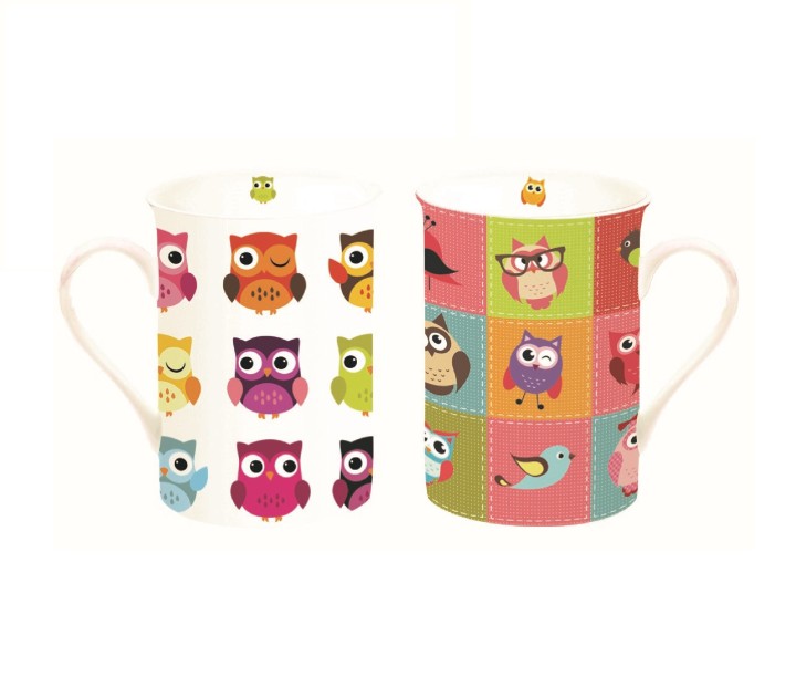 EASY LIFE porcelāna krūzīšu un paliktņu komplekts "Owls" 2 vnt., 250 ml | 1