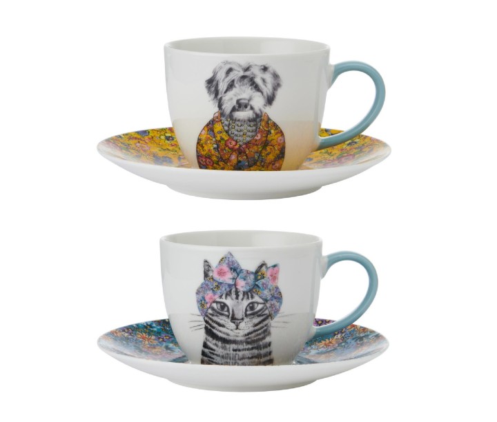 LifetimeBRANDS porcelāna krūzīšu un apakštasīšu komplekts "Cat and dog", 2 gab. 240 ml | 1